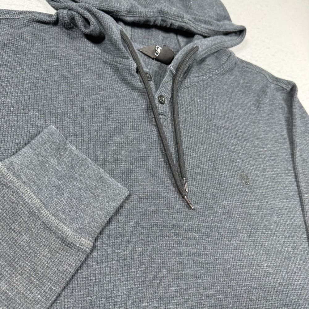 Volcom Mens Gray Waffle Knit Henley Hoodie Long Sleeve Thermal Shirt L